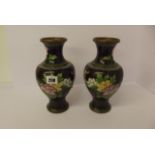 CLOISONNE, pair of Chinese black ground peony blossom baluster vases, 9"