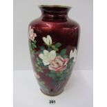 CLOISONNE, Japanese red ground foil-back silver based vase, floral design (some defects), 10" high