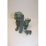 EASTERN METAL WARE, archaic design bronze figure of temple dog and 1 other miniature animal figure