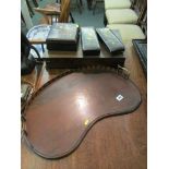MARQUETRY, Edwardian floral marquetry kidney shaped tray a/f, also 3 lacquered boxes and oak cutlery