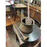 BELLOWS, carved wooden long handled bellows, decorated with East Gatehouse panels; also copper