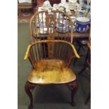 WINDSOR ARMCHAIR, crinoline strechered high back armchair on cabriole legs