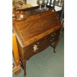 INLAID BUREAU, mahogany cabriole legged full front bureau, 2 short, 1 long drawer, attractive fitted