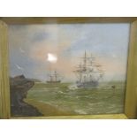 BRITISH SCHOOL MARITIME, small oil on board,"Two Frigates Moured off Headland", 4.5" x 5.5"