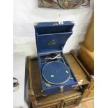 PORTABLE GRAMOPHONE, blue fibre cased HMV portable gramophone