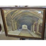 LOUIE HOWARD, watercolour "church interior scene with monks" 16.5" x 22"