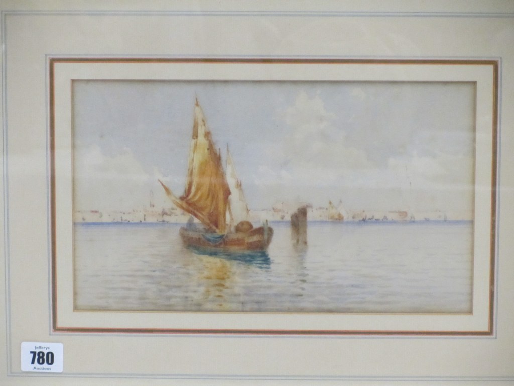 M MARTINO, 19th Century water colour, "View of a Sailing Vessel in the Lagoon off Venice", 6.5" x