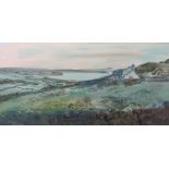 FRED YATES, signed oil on board, "Landscape Overlooking the Bay", 23.5" x 47"