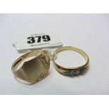 GOLD RING, 9ct gold signet ring, 2.5 grams, also yellow metal ring set jade, turquoise and sea