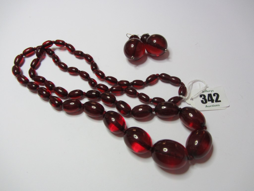 AMBER NECKLACE, Cherry amber graduated bead necklace, also matching pair of earrings