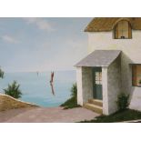 COLIN RICHARDSON, signed relief oil on board, "Overlooking the Bay", 15.5" x 23.5"