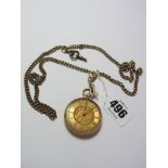 GOLD FOB WATCH, 18ct gold cased ladies fob watch with foliate decorated dial and Roman numerals,