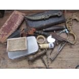 CORKSCREWS, bone handled cork screw a/f, 2 other basic ones, draughtmans instruments and contents of
