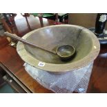 TREEN, large treen 22" dia bowl together with wooden ladle