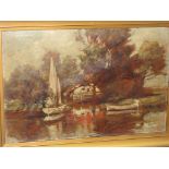 ENGLISH SCHOOL, oil on board, "The Riverside Moorings" indistinctly signed Burton, 8" x 11.5"