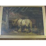 FREDRICK VALTER, signed oil on canvas, "Stable Interior with Two Horses and Chickens", 15.5" x 21"