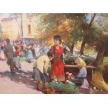 VIZKELETY, signed painting on canvas, "Busy Market Scene in Summer", 19" x 23"