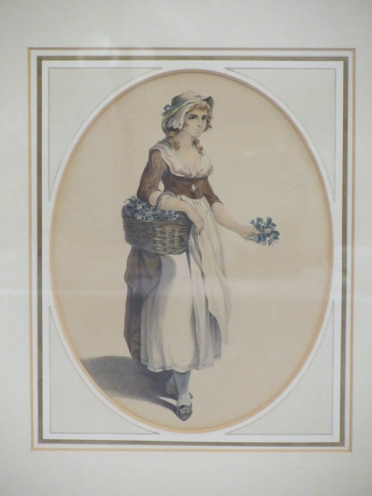19TH CENTURY ENGLISH SCHOOL, water colour, "Portrait of Young Girl Selling Primroses", 10" x 7.5"