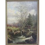 WILLIAM GREAVES, signed oil on canvas, "Figures Crossing Small Bridge in River Landscape", dated