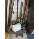 TOOLS, blacksmiths anville, long handled scythe and other tools