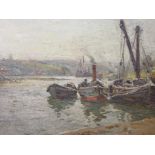 FRANK MASON, signed oil on board, "Steam Boat at Jetty", 8.5" x 11.5"