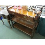 VICTORIAN BUFFET; Mahogany three tier buffet shelves, top frieze drawer with turned pillar supports,
