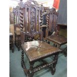 ITALIAN RENAISSANCE; Set of six carved oak pillar support dining chairs with pierced vine leaf