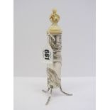 CHINESE SILVER, embossed dragon design, leg support spill vase with ivory stopper