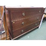 CONTINENTAL CHEST; Mahogany straight front chest of three long drawers, metal ring drop handles, 51"