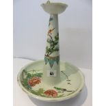FAMILLE VERTE, a bird decorated dish based large candlestick with legend, 10.5" diameter