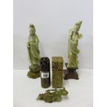 SOAPSTONE; 2 carved soapstone desk seals also 2 carved figures of geisha's & 1 other