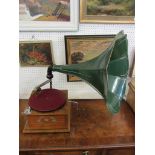 HORN GRAMOPHONE, oak, square based horn gramophone with stamped metal horn, applied Waring and