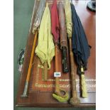 UMBRELLAS, carved antique ivory handled umbrella, also amusing reptile grip umbrella and 4 others