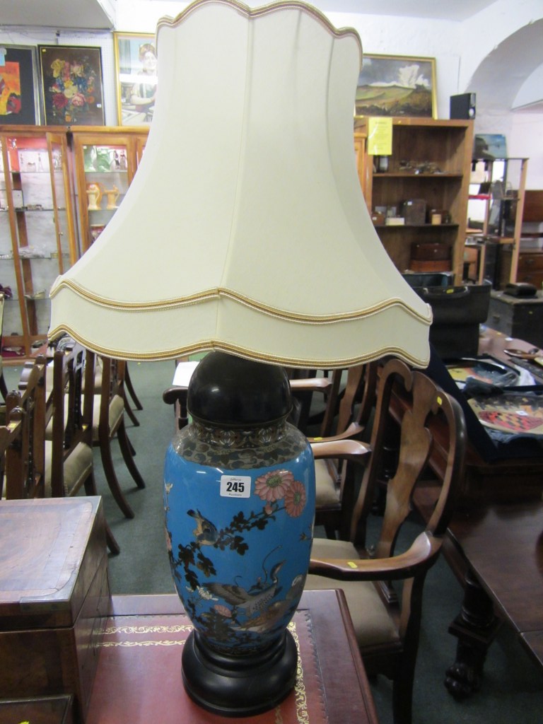 CLOISONNE, Japanese blue ground bird decorated cloisonne vase, converted to table lamp