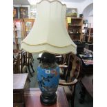 CLOISONNE, Japanese blue ground bird decorated cloisonne vase, converted to table lamp