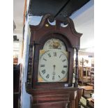 LONG CASE CLOCK, with painted arched dial in a oak frame, with mahogany & satinwood cross-banding