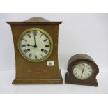 MANTEL CLOCKS, Edwardian inlaid oak mantel clock with domed top; also Edwardian marquetry mahogany 8