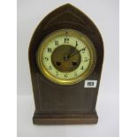 MANTEL CLOCK, Edwardian inlaid mahogany arched case mantel clock with French movement, 13" high