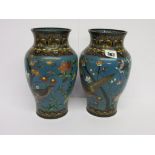 CLOISONNE, pair of Japanese cloisonne bird decorated vases a/f and a pair of ewers a/f