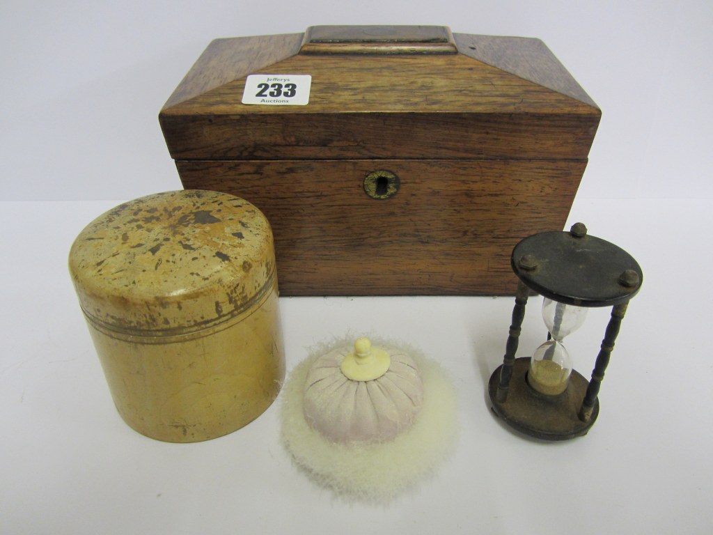 TEA CADDY, Victorian rosewood tea caddy, also treen powder bowl canister and egg timer