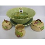 WADE, 3 piece bramble decorated preserve set; also 3 pieces of Wadeheath green mottle glazed