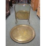 FIRE SCREEN, brass framed mirrored fire screen with Middle Eastern brass circular tray