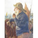 FREDRICK BRUETON, signed water colour, "Bearded Fisherman Smoking Pipe Gazing Out To Sea", 20" x