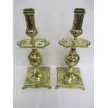 METALWARE, an ornate pair of pierced brass square base 12" candlesticks