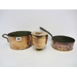 ANTIQUE METAL WARE, copper lidded gelatine mould, also iron handled pan and twin handled copper pan