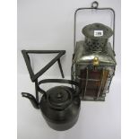 METALWARE, cast iron kettle on trivet and square bodied lantern