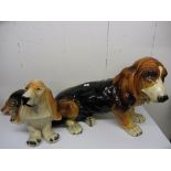 BASSETT HOUNDS, 2 large ceramic figures, 27" length