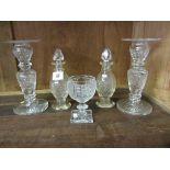 CUT GLASS, pair of Georgian design cut glass condiment bottles a/f, also square base goblet and pair