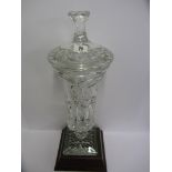 GOLFING TROPHY, quality cut glass lidded square base pedestal golfing trophy, 17" height plus