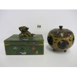 CLOISONNE, Chinese cloisonne green ground, rectangular lidded box with gilded temple dog finial;